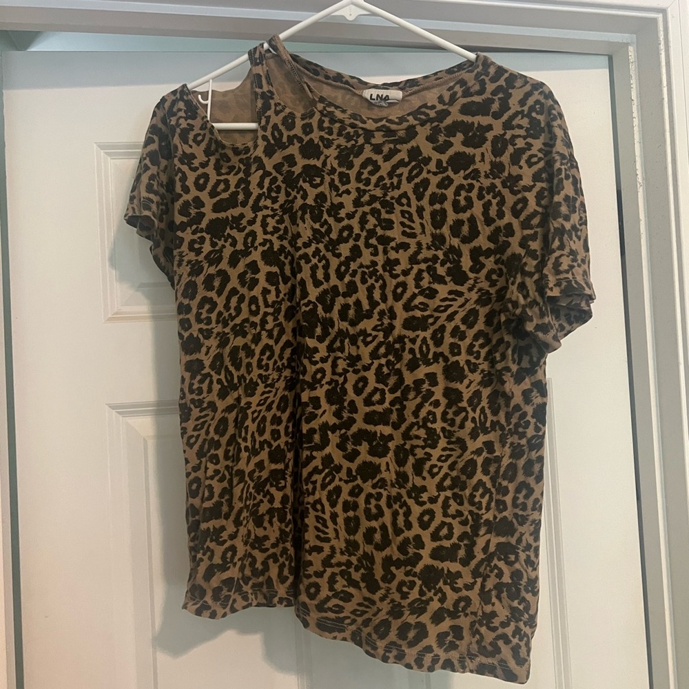 LNA leopard cut out shoulder top M
